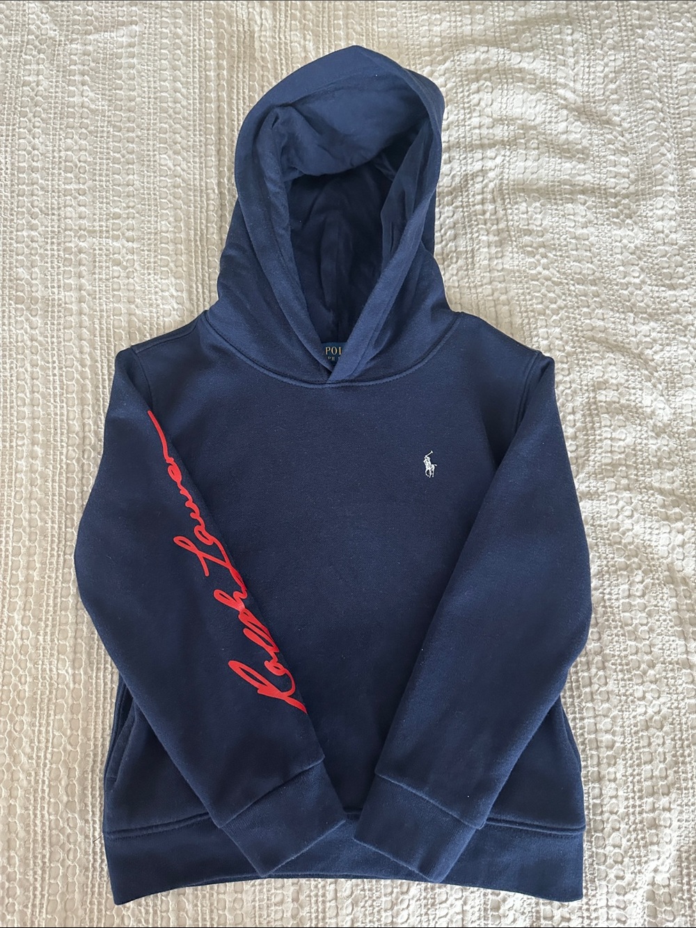 Polo by Ralph Lauren Boys’ Navy Hoodie with Red Script Sleeve